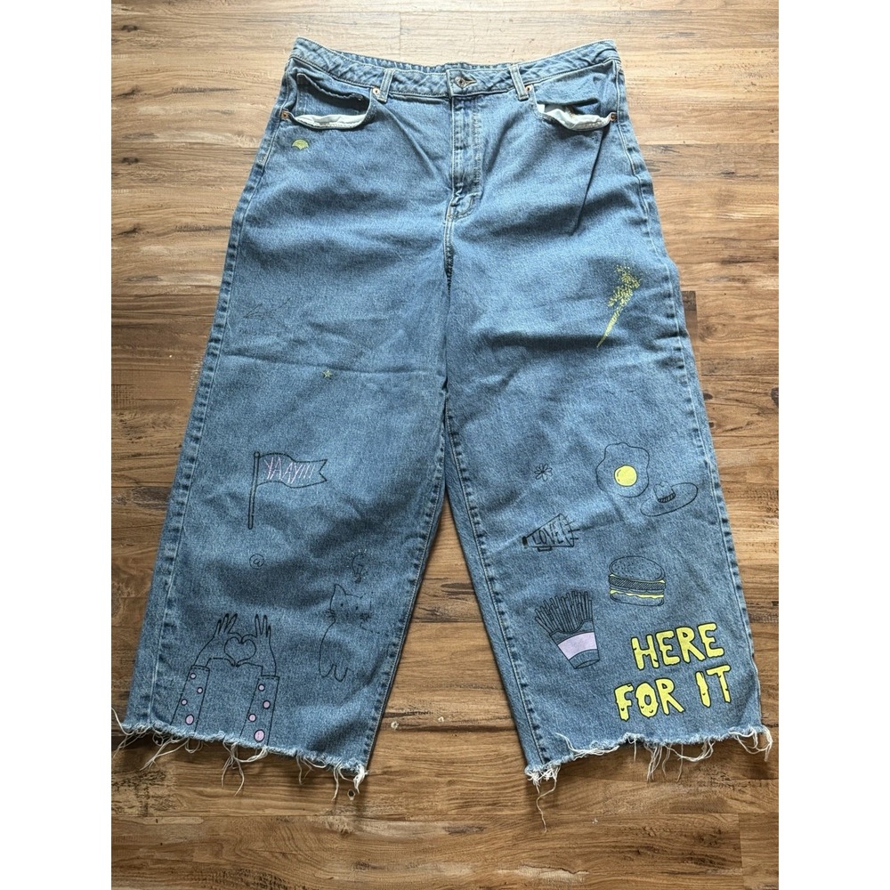 Wild Fable Highest Rise Wide Leg Ankle Cropped Jeans Fray Doodle Print Sz 18/34R